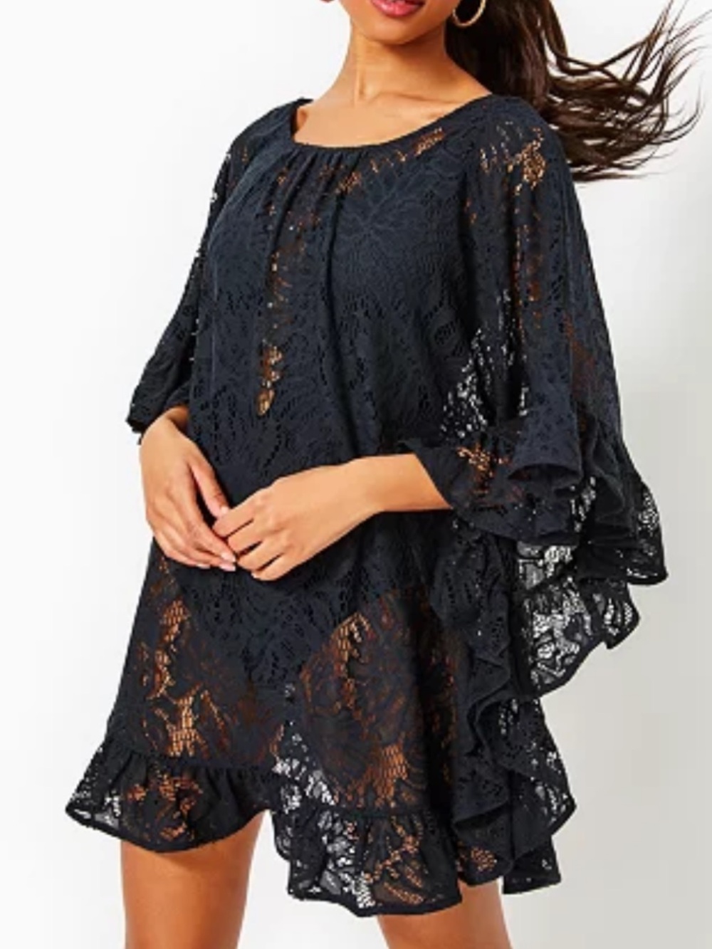 Lilly Pulitzer Atley Ruffle Lace Swim Cover-Up Tunic Dress in Black | Size S/M